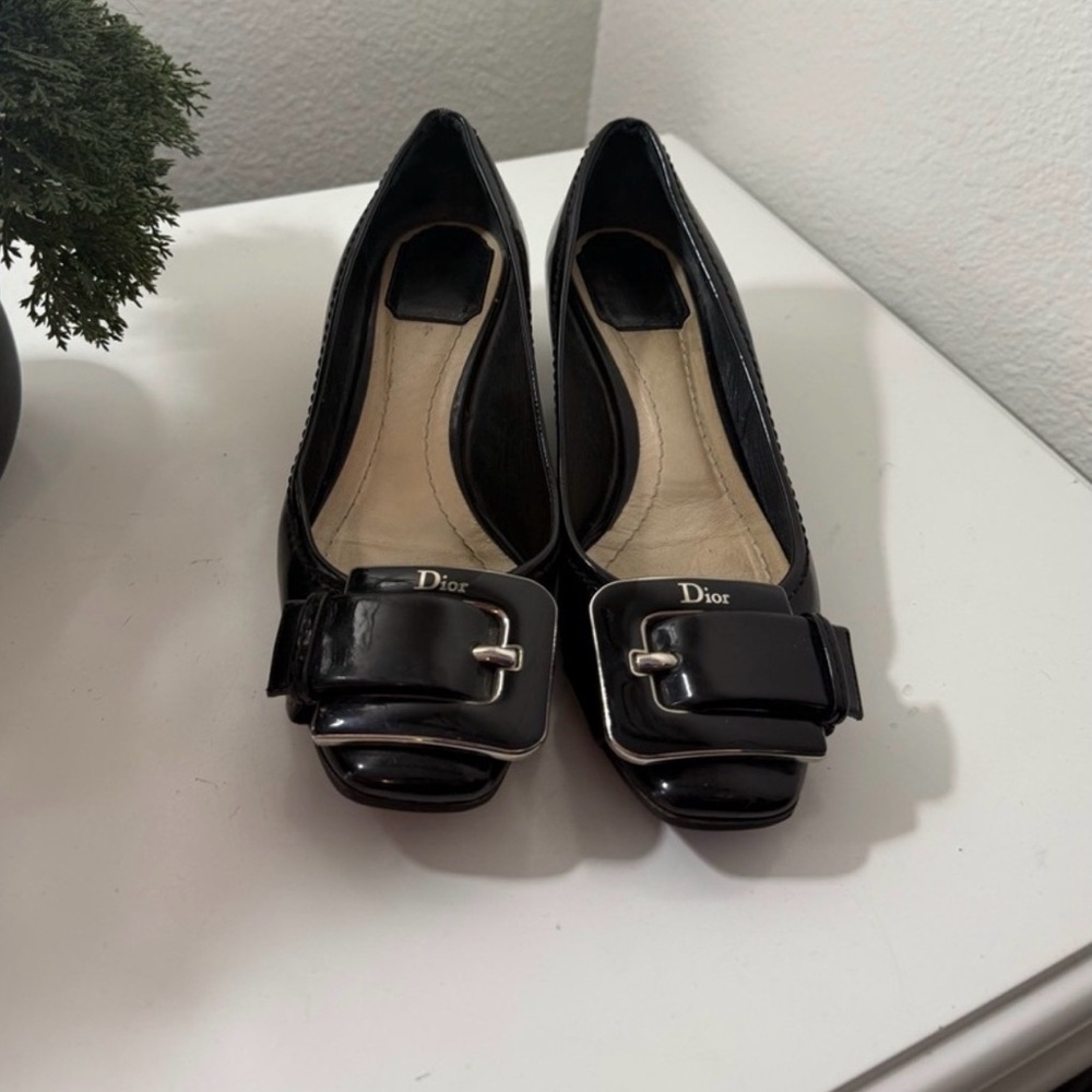 Dior Black Patent Leather Buckle Flats